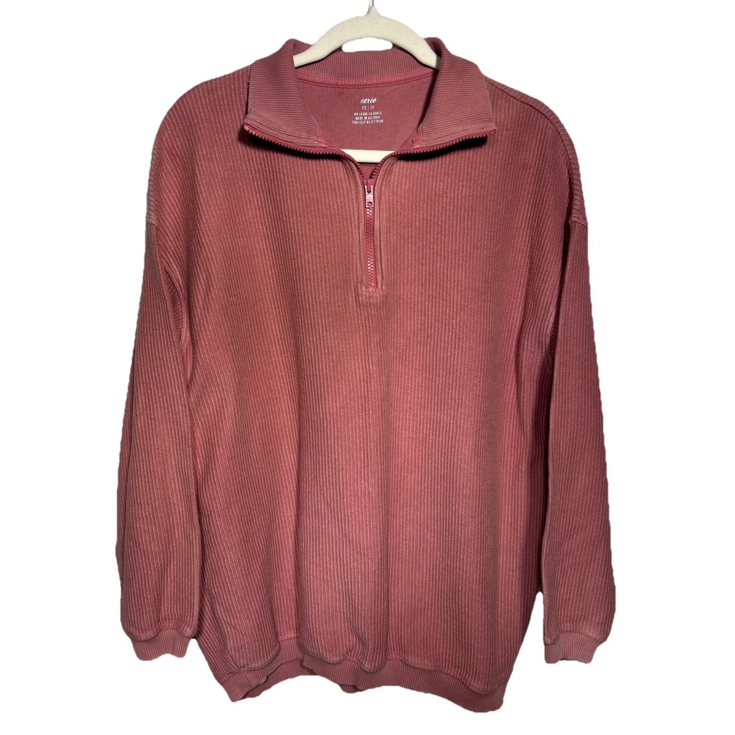 Aerie Good Vibes Corded Oversized Distressed 1/4 Zip Sweatshirt Blush Sz Xs
